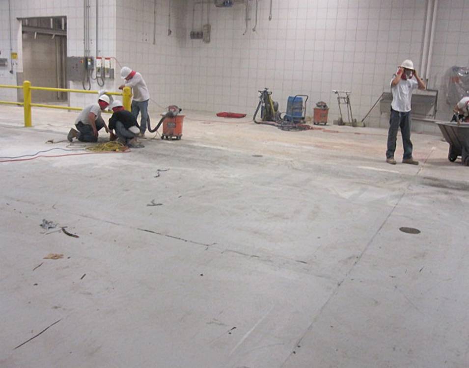 Surface prep begins on a deteriorated epoxy floor coating within facilities processing area.