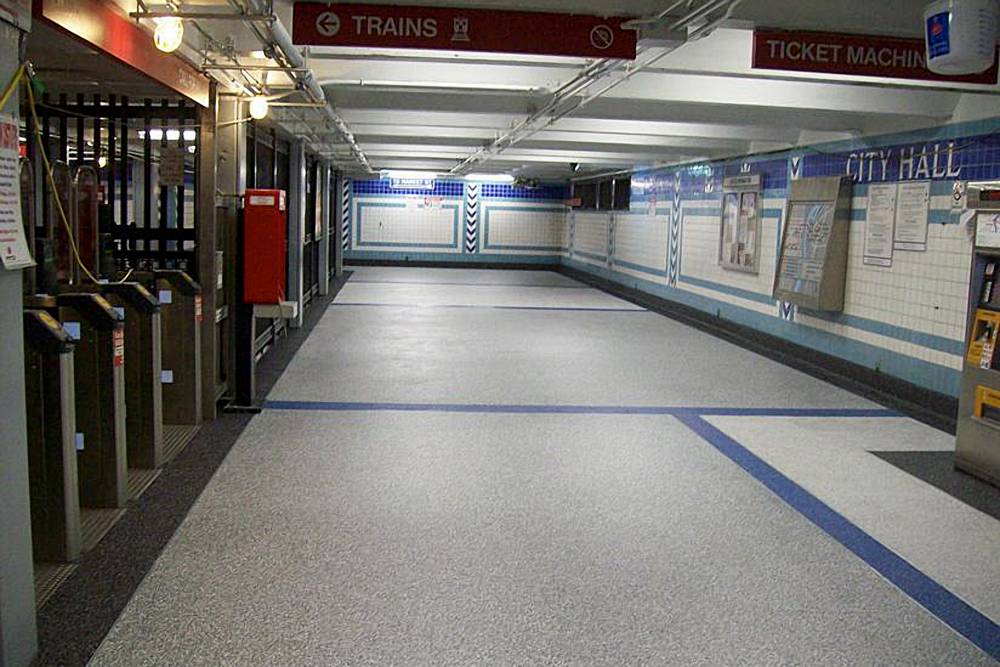 Decorative epoxy flooring provides a tough surface that will hold up to traffic wear.
